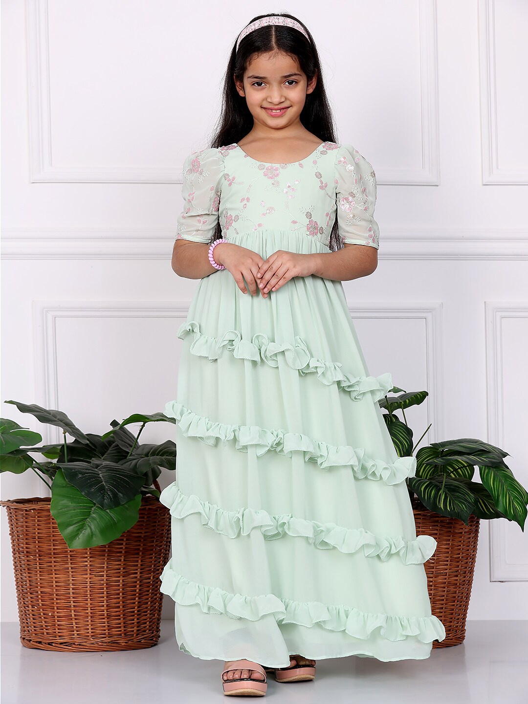 

Ethnovog Girls Embroidered Georgette Ruffle Maxi Dress, Green