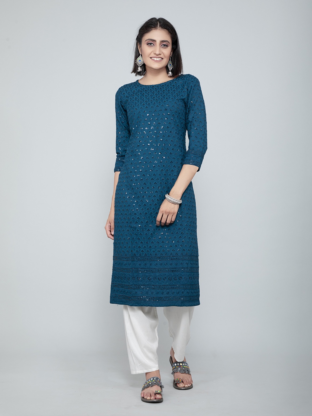 

AMRUTVARSHA CREATION Embroidered Sequinned Jacquard Straight Kurta, Turquoise blue