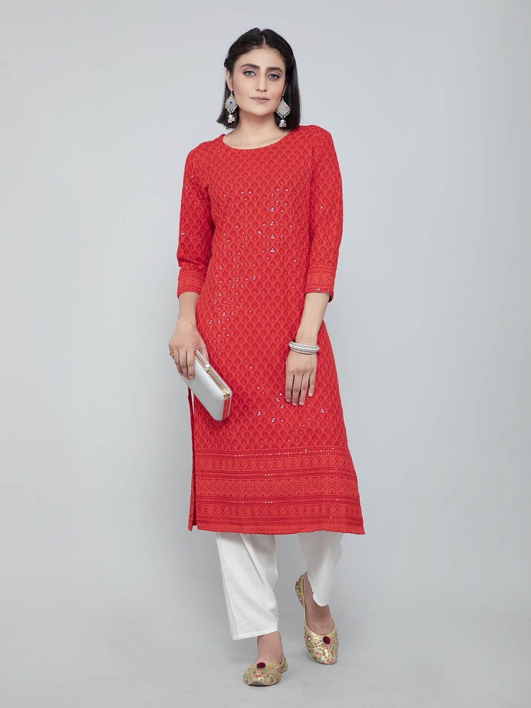 

AMRUTVARSHA CREATION Embroidered Sequinned Jacquard Straight Kurta, Red