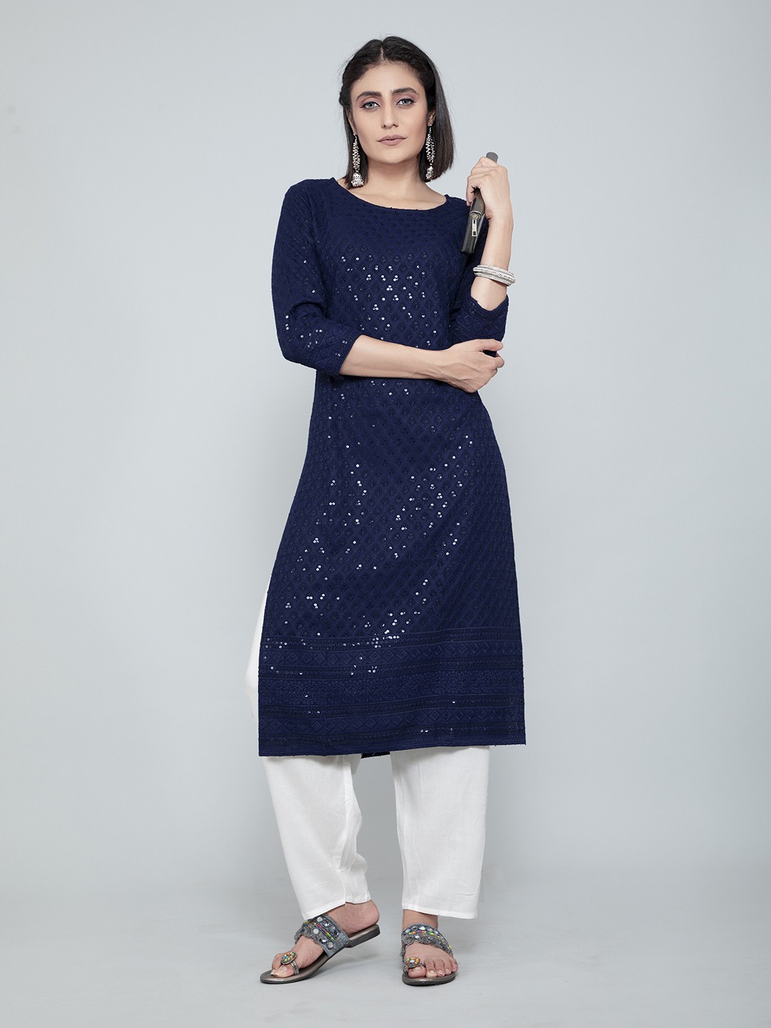 

AMRUTVARSHA CREATION Embroidered Sequinned Jacquard Straight Kurta, Navy blue