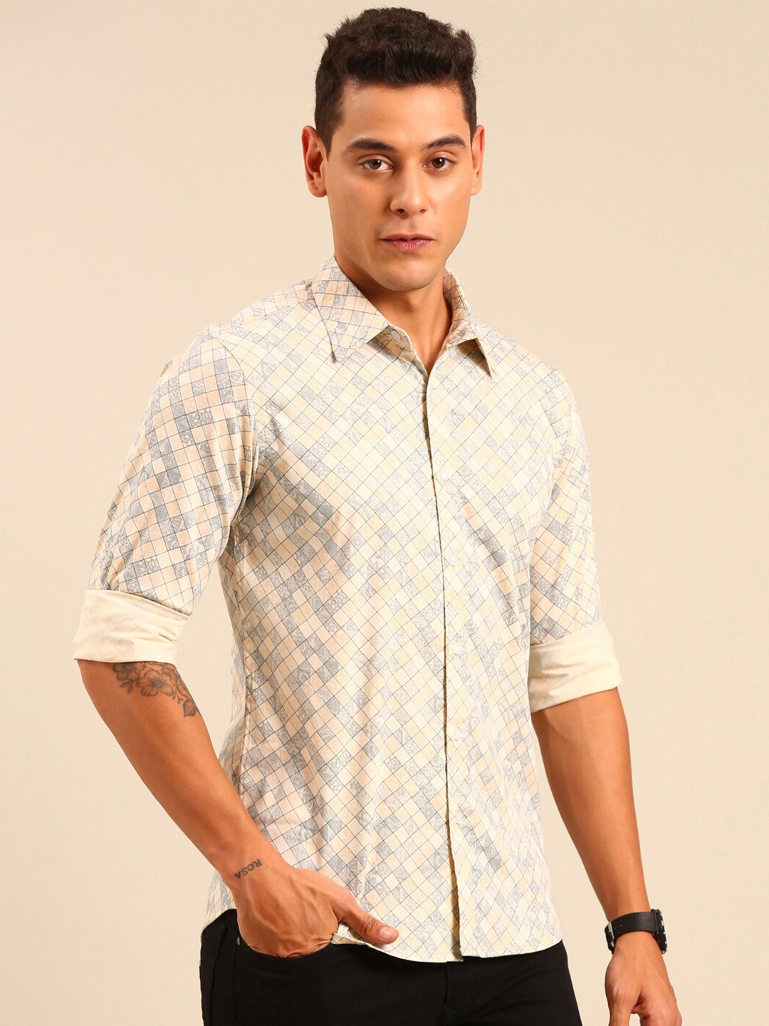 

Joven Abstract Printed Cotton Regular Spread Collar Regular Fit Casual Shirt, Beige