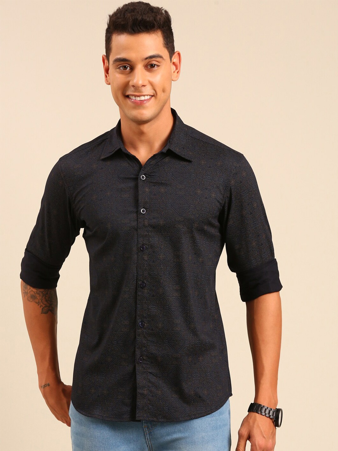 

Joven Printed Cotton Regular Spread Collar Regular Fit Casual Shirt, Navy blue