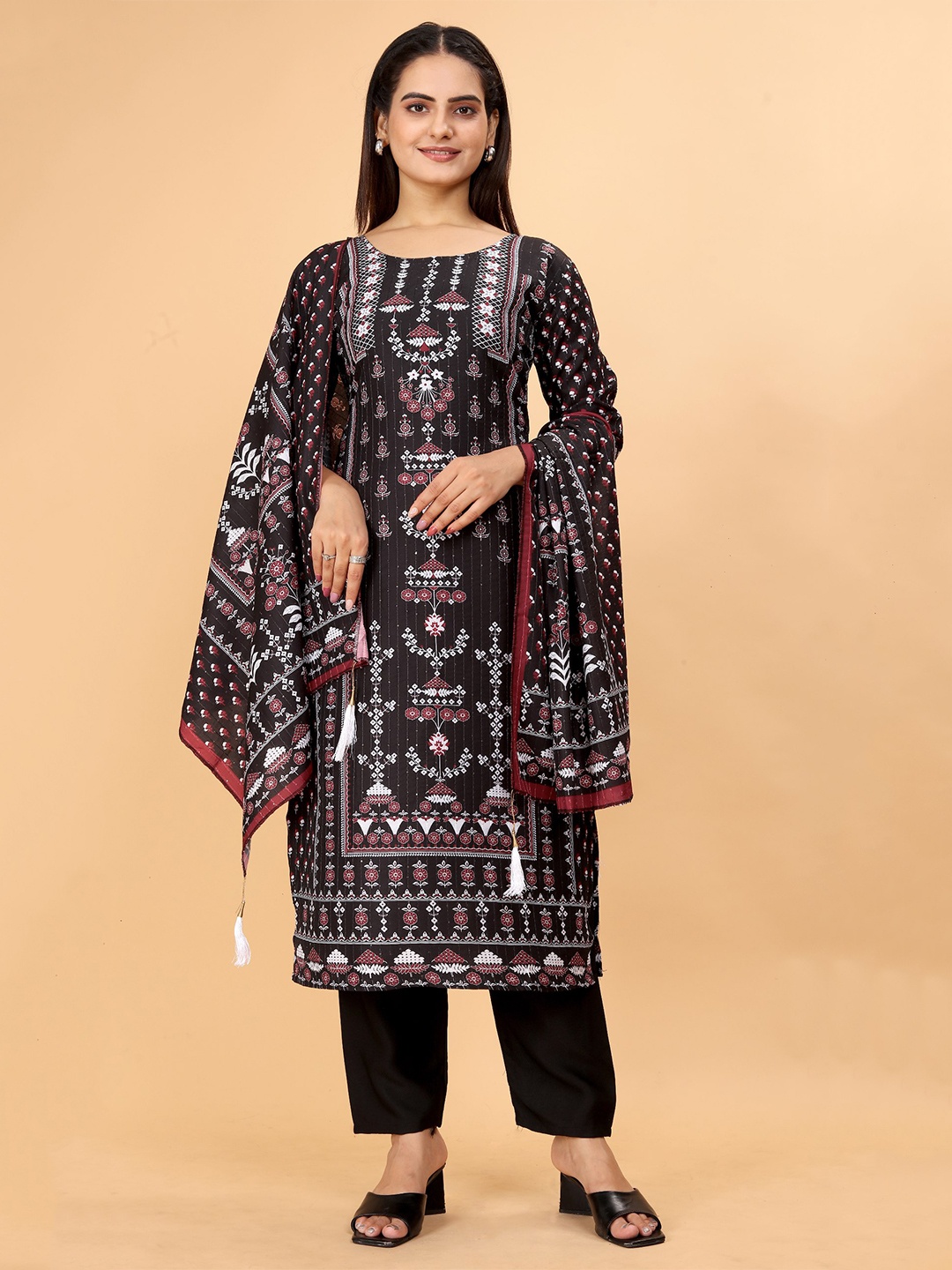 

rashora Ethnic Motifs Printed Cotton A Line Kurta With Trouser & Duppata, Black