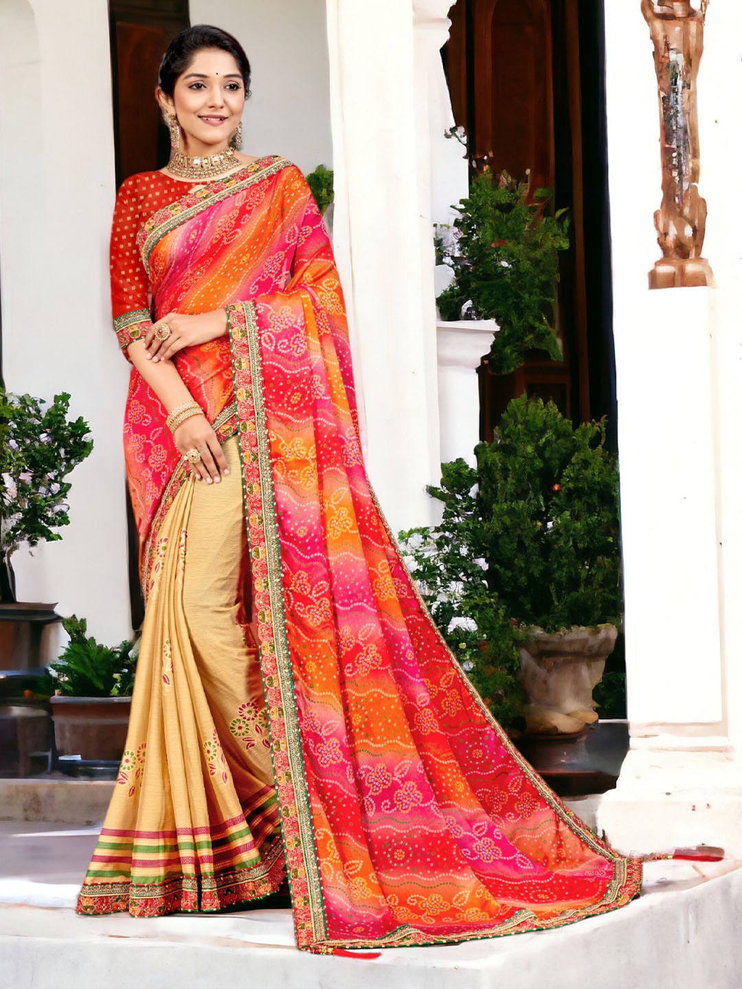 

DIVASTRI Printed Pure Georgette Half and Half Bandhani Saree, Cream