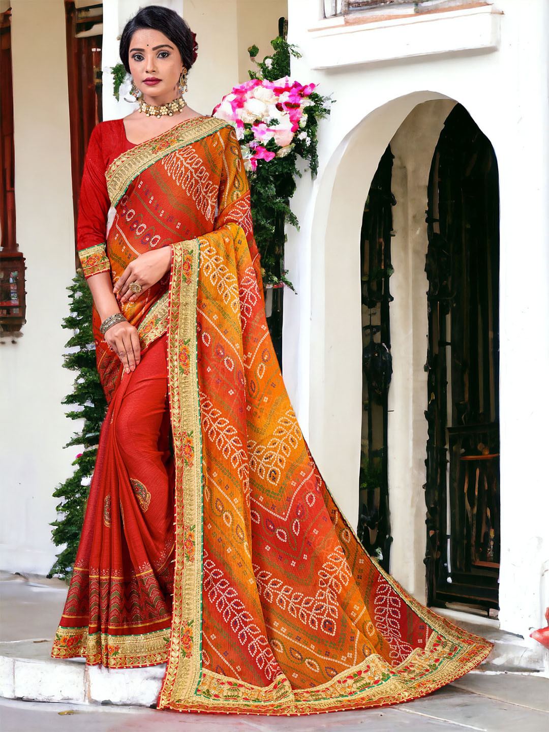 

DIVASTRI Bandhani Printed Pure Georgette Half and Half Saree, Orange