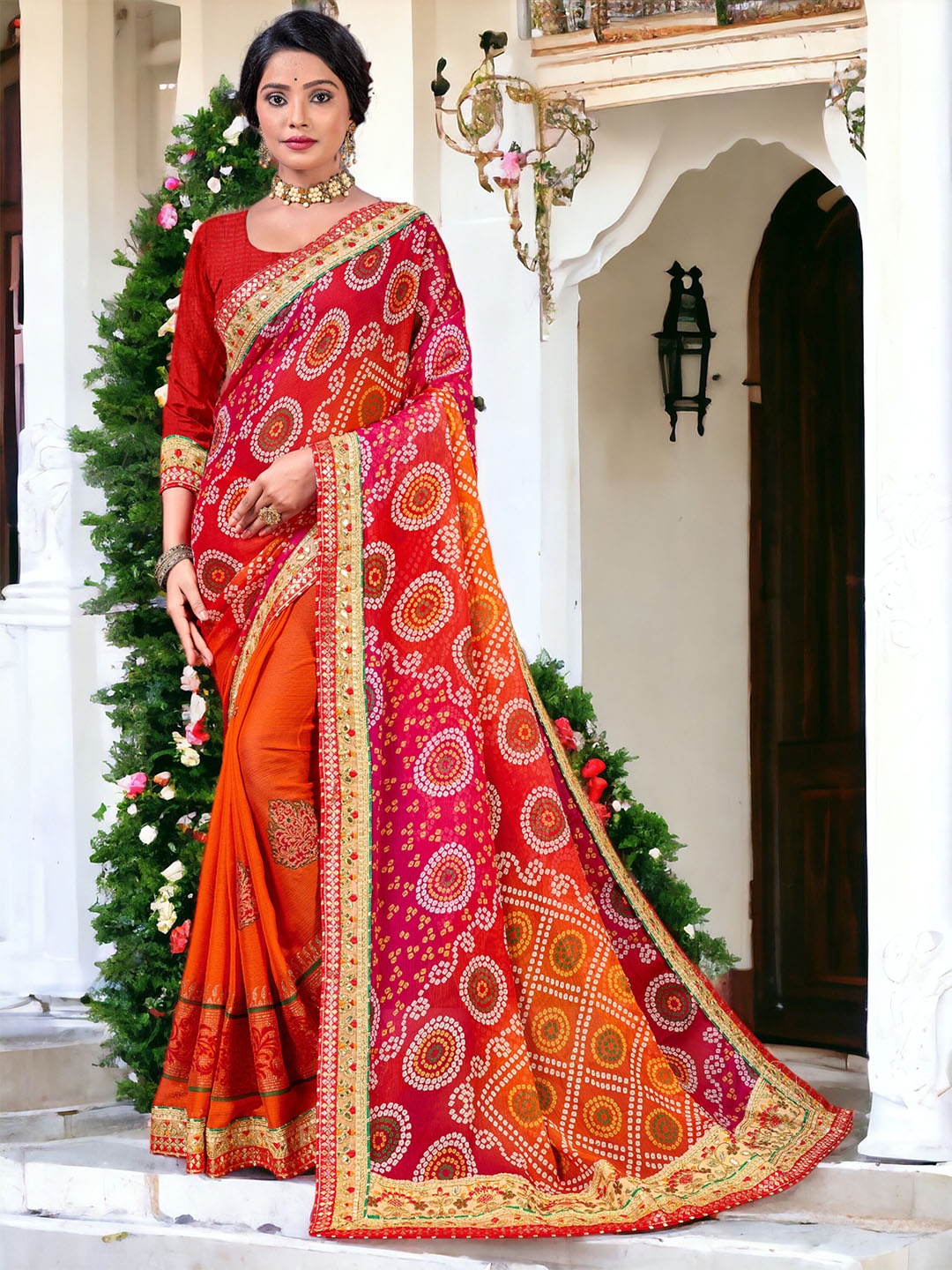 

DIVASTRI Pure Georgette Half and Half Bandhani Saree, Pink