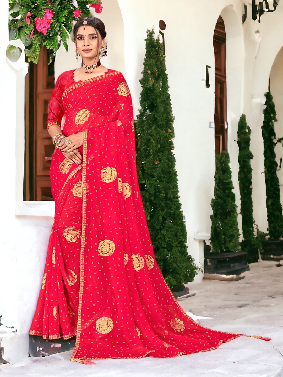 

DIVASTRI Embroidered Bandhani Saree, Pink