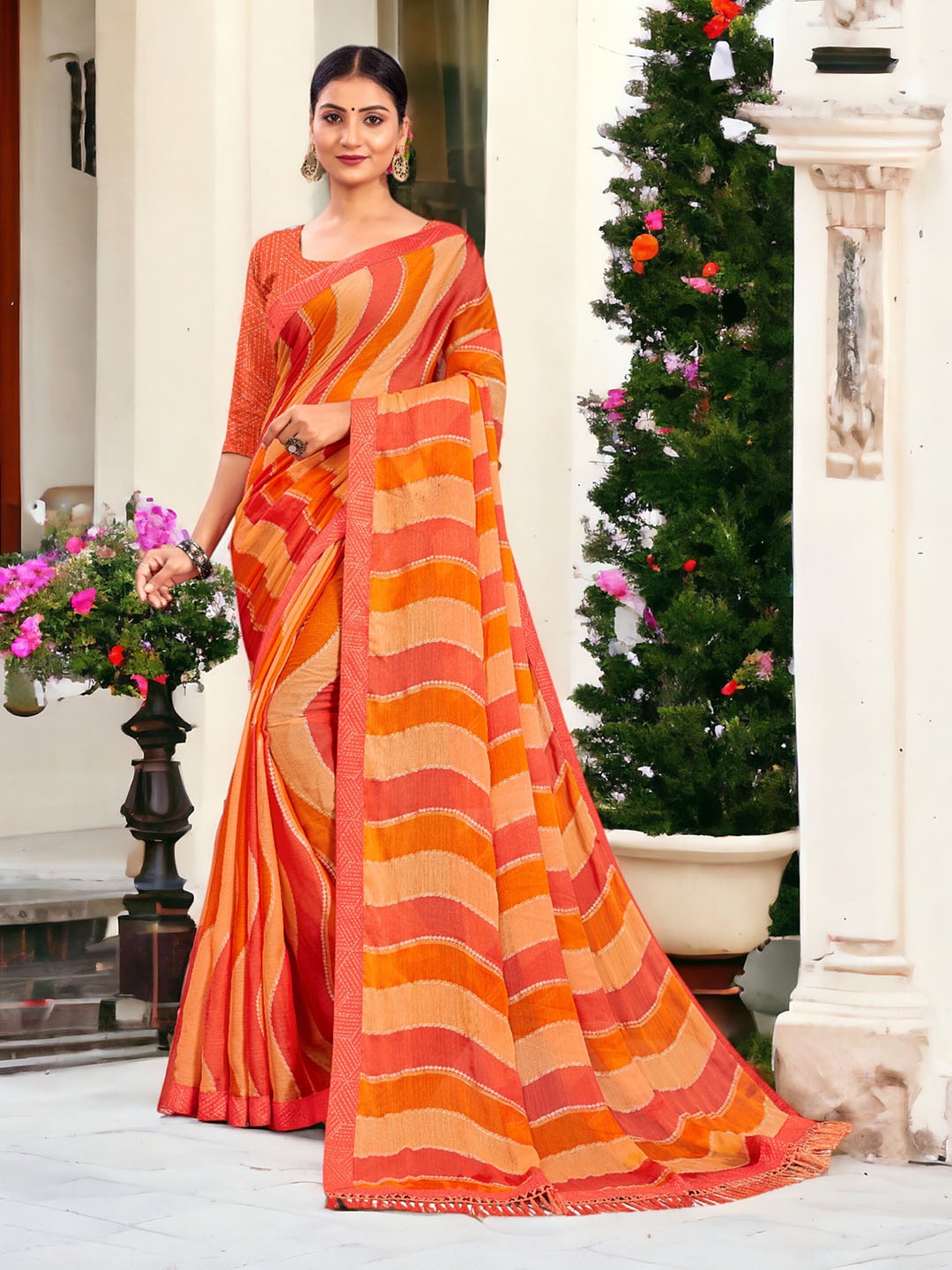 

DIVASTRI Leheriya Bandhani Saree With Tassels, Orange