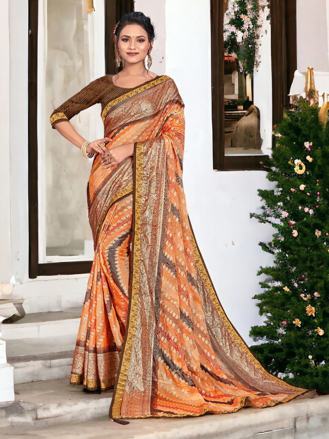 

DIVASTRI Leheriya Brasso Bandhani Saree, Orange