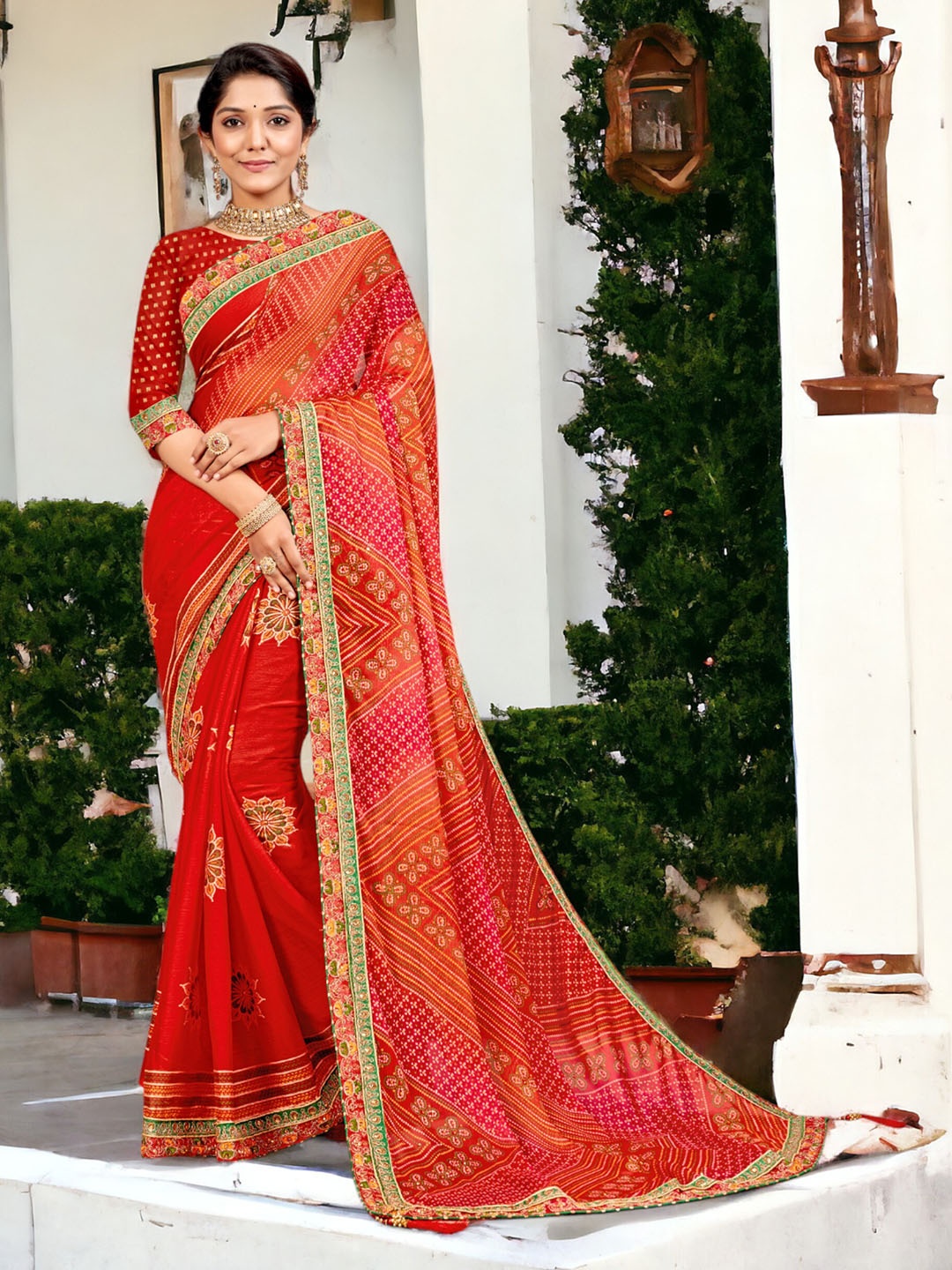

DIVASTRI Striped Pure Chiffon Bandhani Saree, Pink