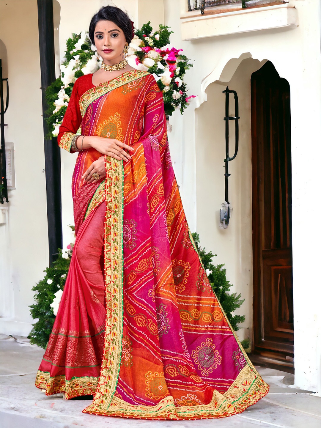 

DIVASTRI Pure Georgette Half and Half Bandhani Saree, Red