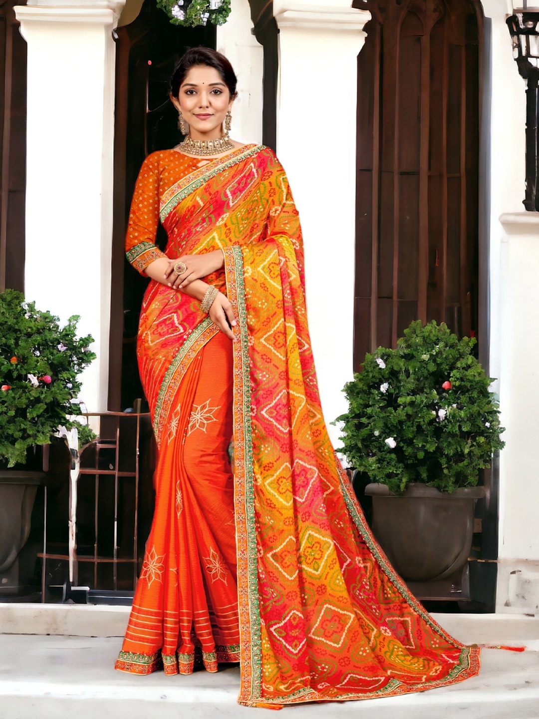 

DIVASTRI Striped Pure Chiffon Bandhani Saree, Orange