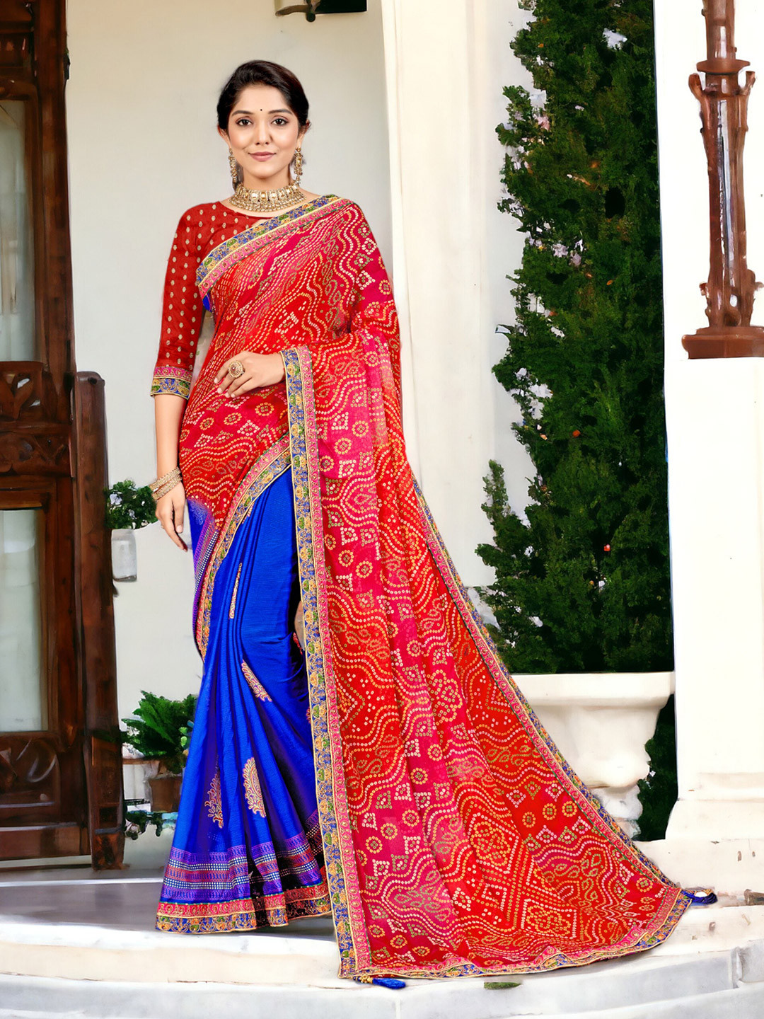 

DIVASTRI Pure Chiffon Bandhani Saree With Tassels, Blue