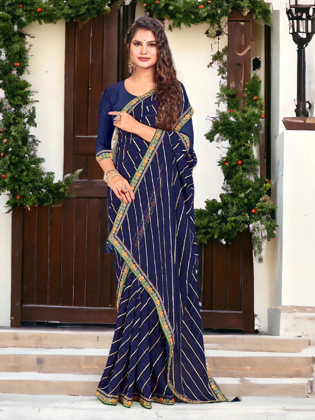 

DIVASTRI Pure Georgette Leheriya Saree With Tassels, Navy blue