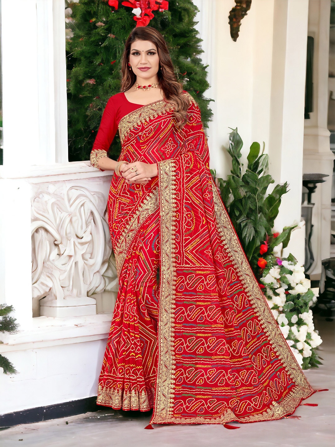 

DIVASTRI Pure Georgette Bandhani Saree, Red