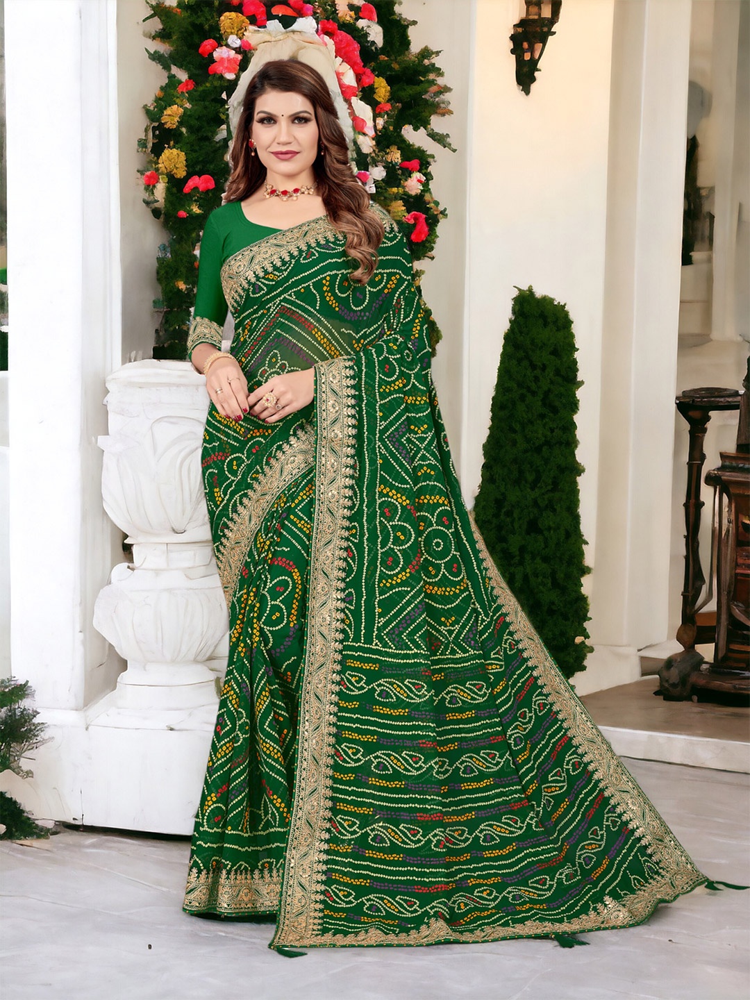 

DIVASTRI Pure Georgette Bandhani Saree, Green