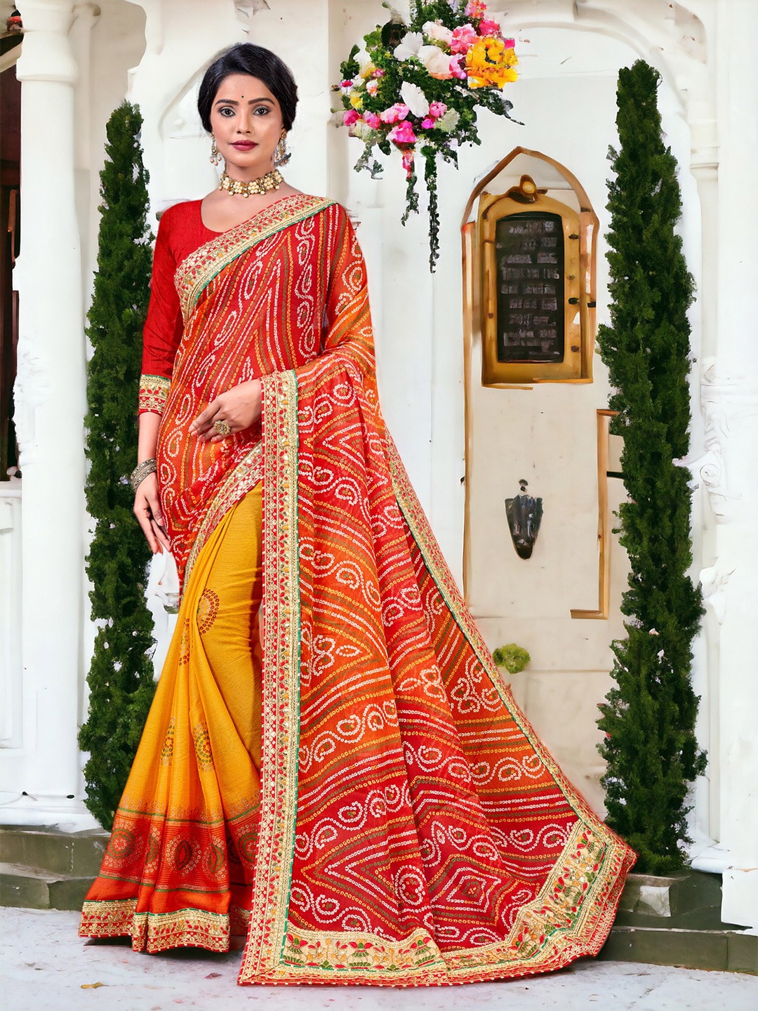 

DIVASTRI Pure Georgette Half and Half Bandhani Saree, Red