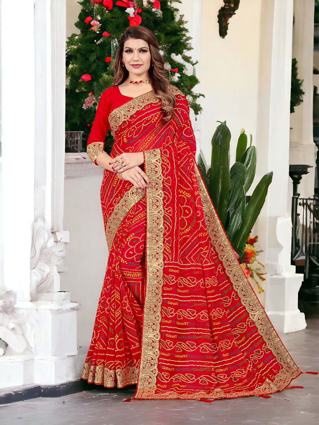 

DIVASTRI Bandhani Pure Georgette Saree, Red