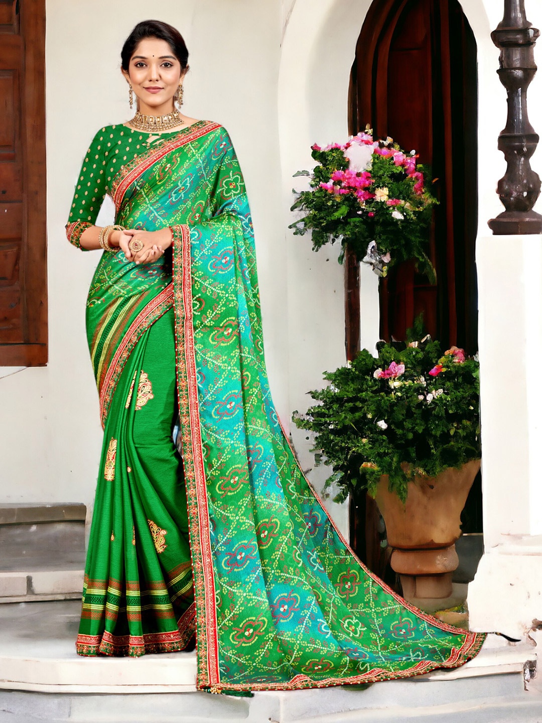 

DIVASTRI Pure Chiffon Bandhani Saree With Tassels, Turquoise blue