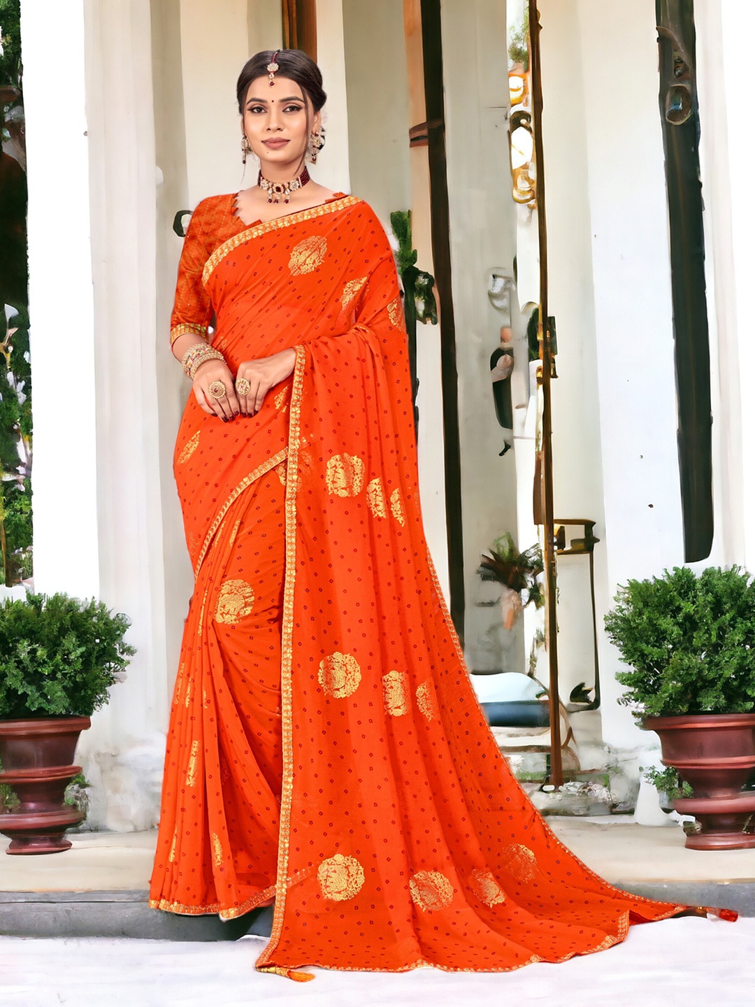 

DIVASTRI Embroidered Bandhani Saree, Orange