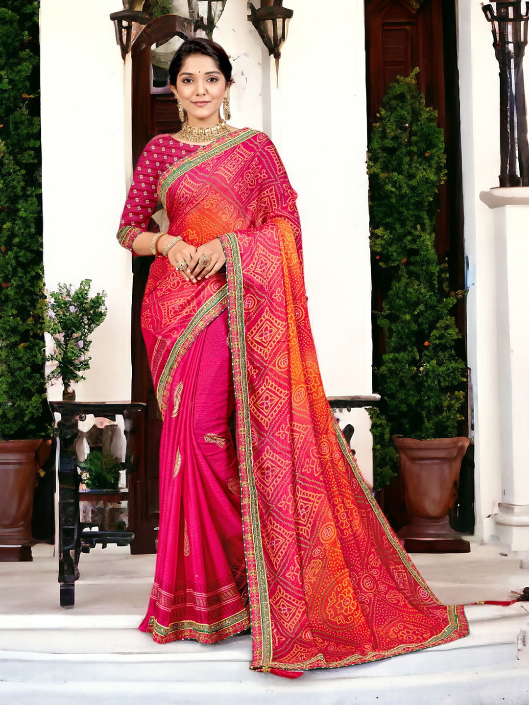

DIVASTRI Pure Chiffon Gotta Patti Bandhani Saree With Tassels, Pink