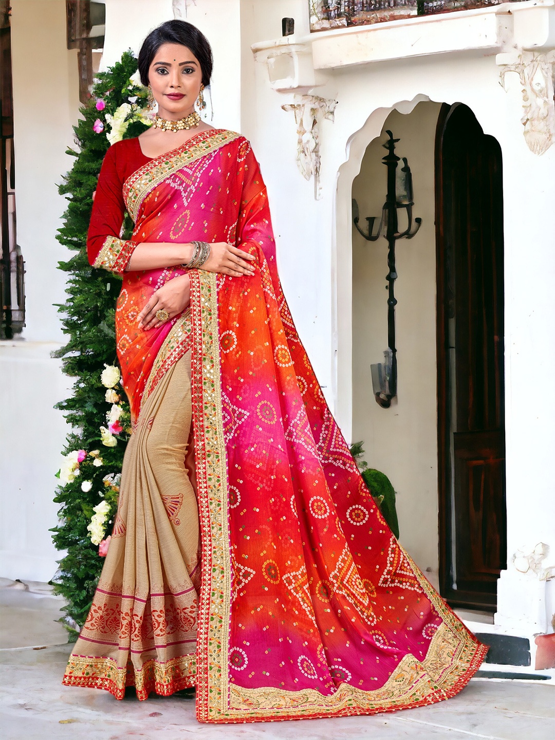 

DIVASTRI Printed Pure Georgette Half and Half Bandhani Saree, Cream