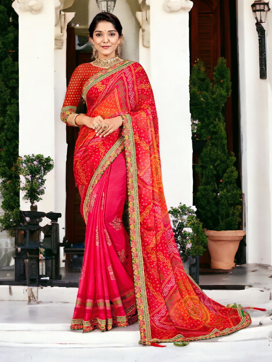 

DIVASTRI Pure Chiffon Gotta Patti Bandhani Saree With Tassels, Pink