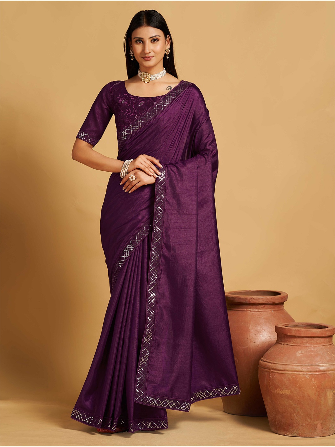 

Linza Geometric Sequinned Embellished Silk Cotton Mysore Silk Saree, Purple