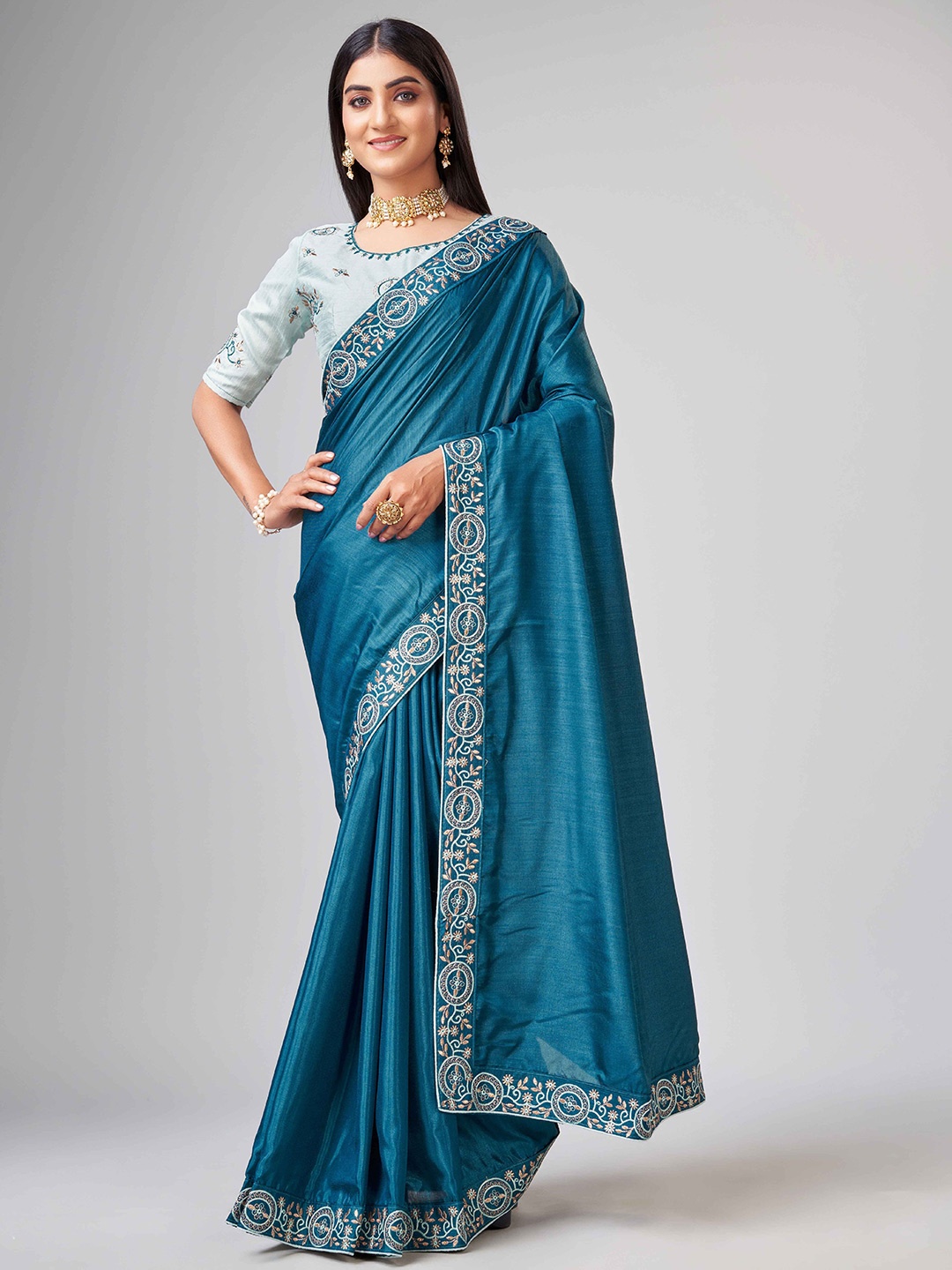 

Linza Floral Embroidered Ilkal Saree, Teal