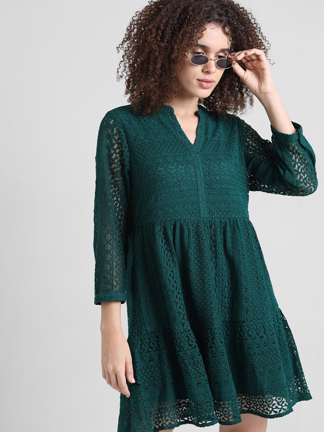 

ONLY Self Design Lace Detail Mandarin Collar A-Line Mini Dress, Green