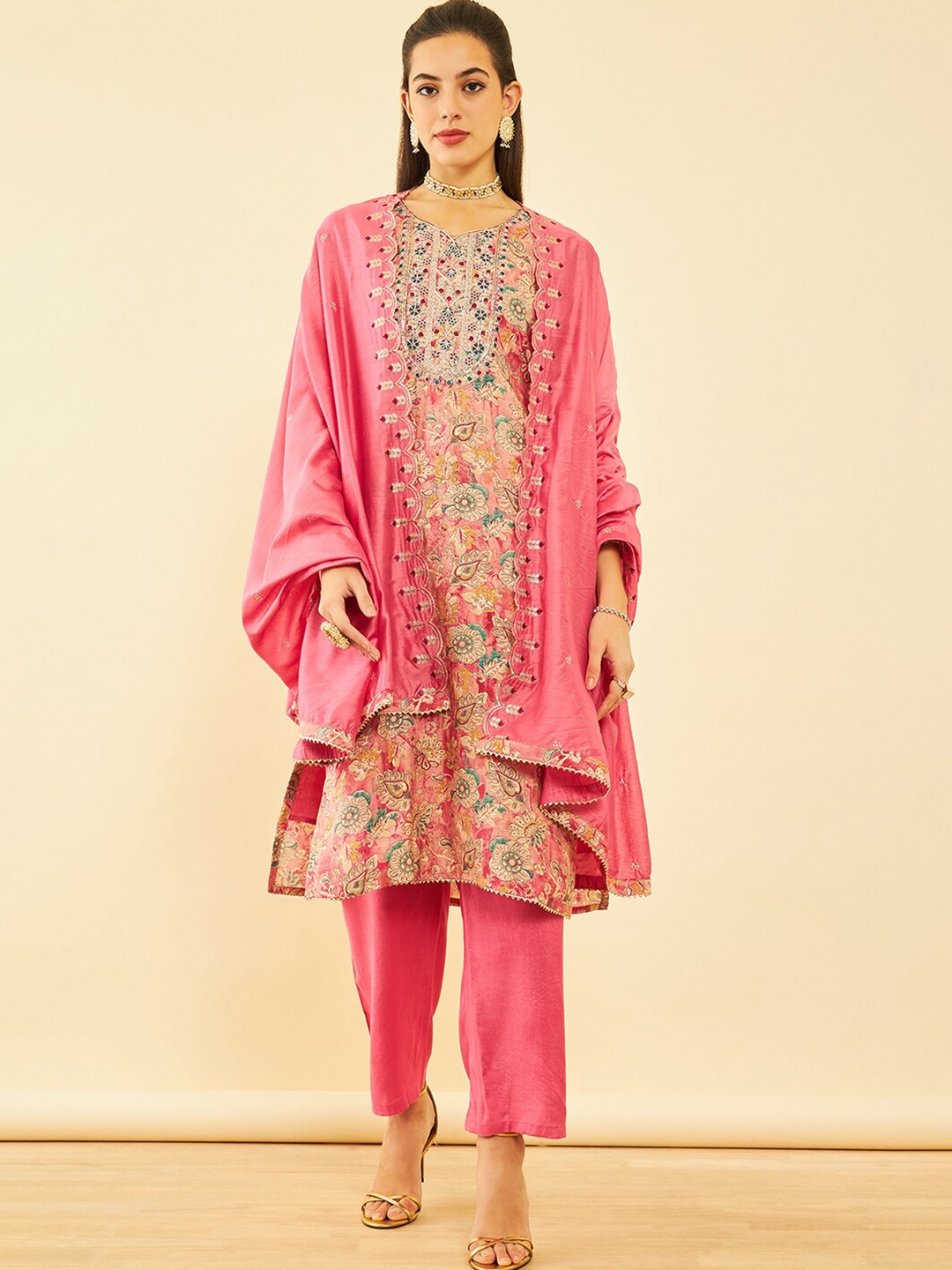 

Soch Floral Printed Thread Work Unstitched Dress Material, Peach