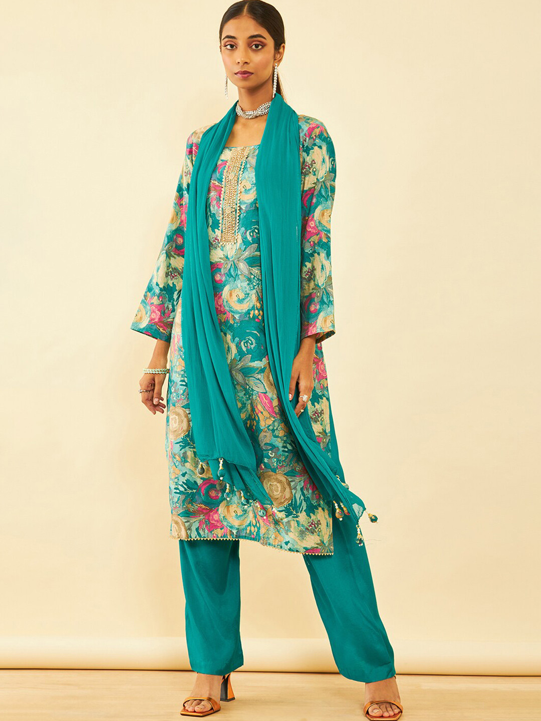 

Soch Floral Printed Stones & Beads Unstitched Dress Material, Teal