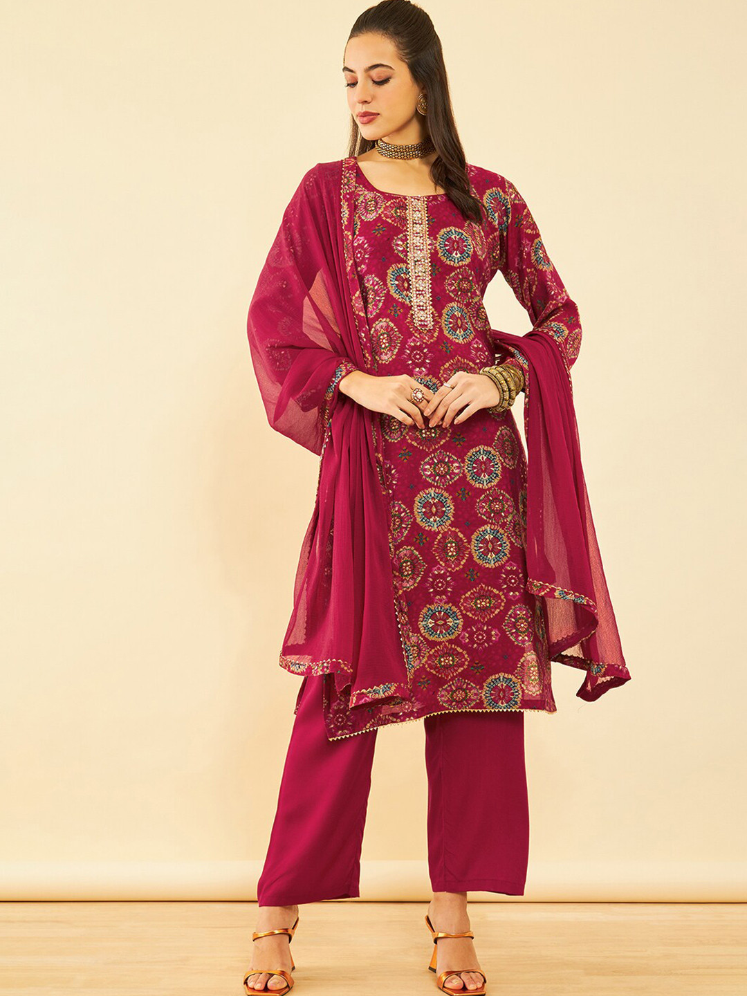 

Soch Floral Printed Gotta Patti Unstitched Dress Material, Magenta