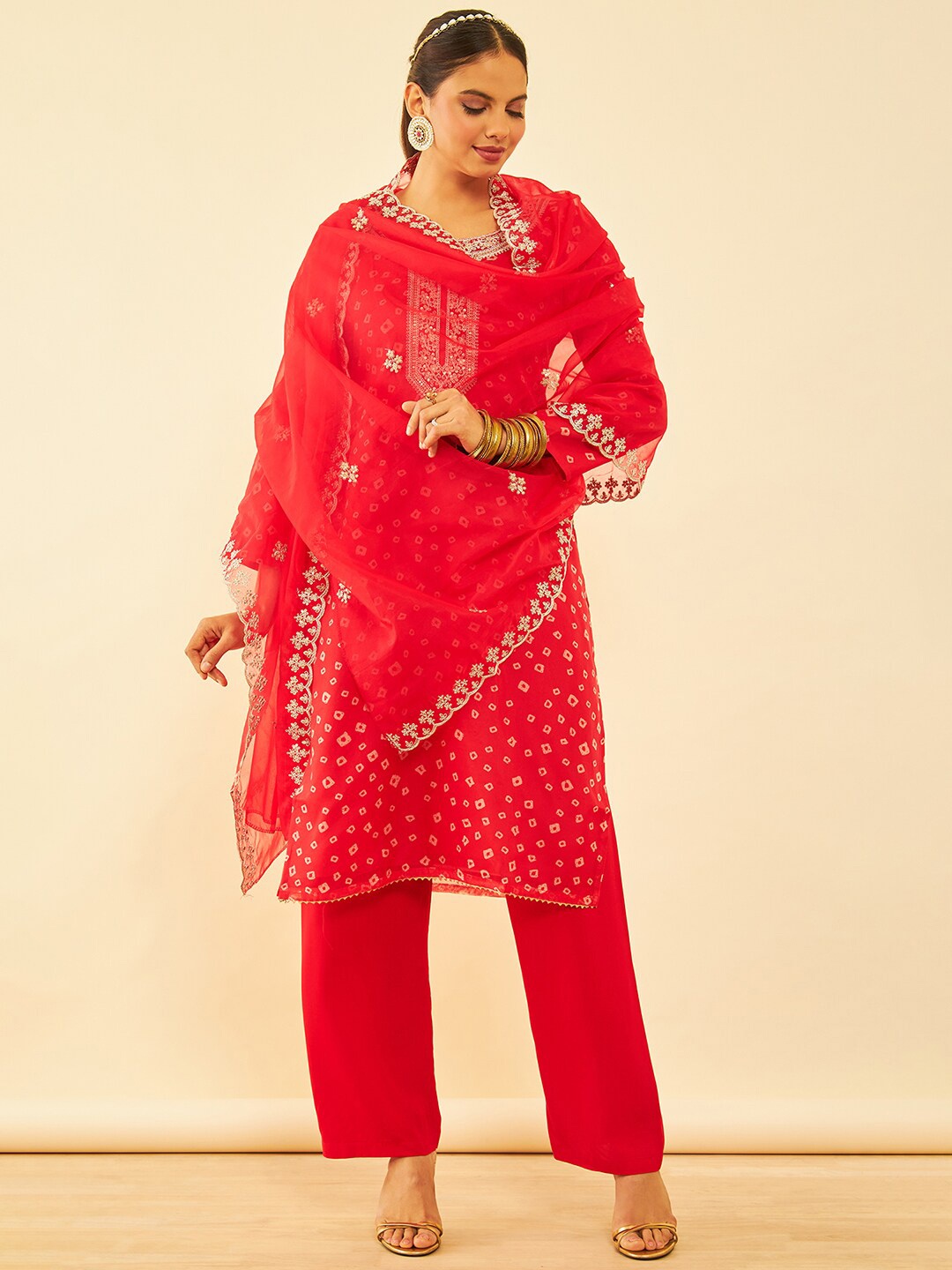 

Soch Floral Embroidered Sequined Organza Unstitched Dress Material, Red