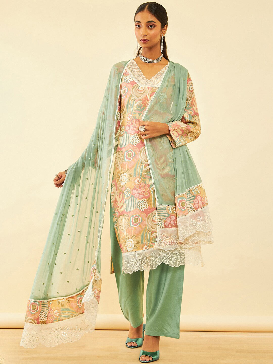 

Soch Floral Printed Sequined Unstitched Dress Material, Blue