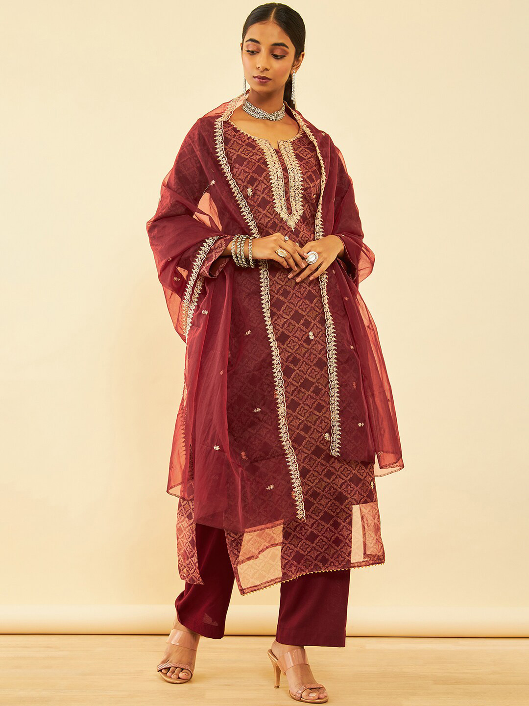 

Soch Ethnic Motifs Printed Sequined Organza Unstitched Dress Material, Maroon