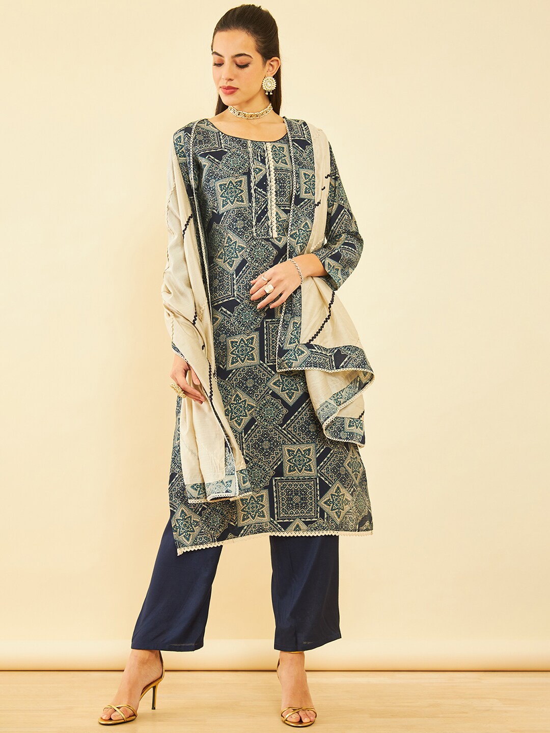 

Soch Ethnic Motifs Printed Unstitched Dress Material, Navy blue