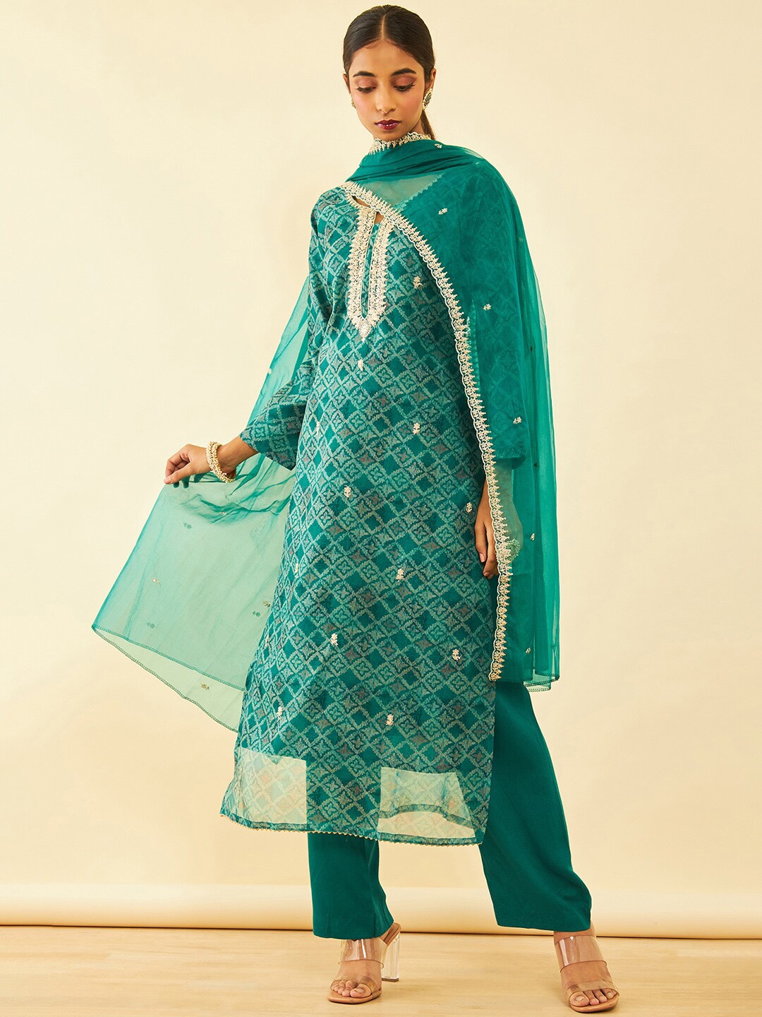 

Soch Floral Embroidered Organza Unstitched Dress Material, Green
