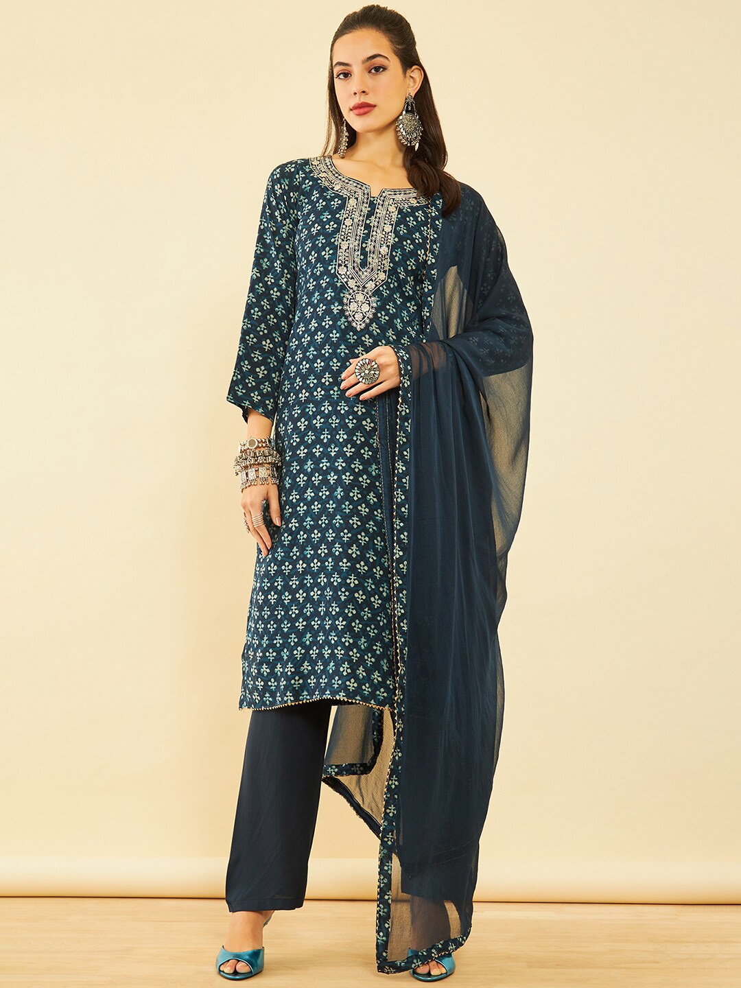 

Soch Ethnic Motifs Printed Sequined & Gotta Patti Unstitched Dress Material, Navy blue