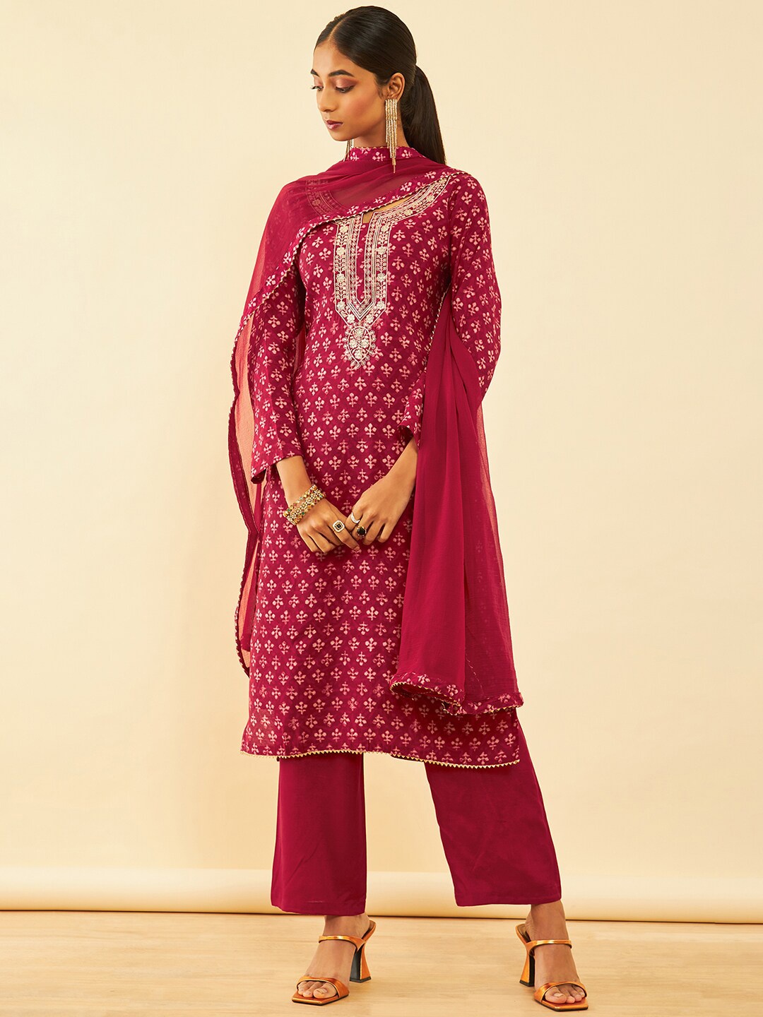 

Soch Ethnic Motifs Printed Sequined & Gotta Patti Unstitched Dress Material, Red