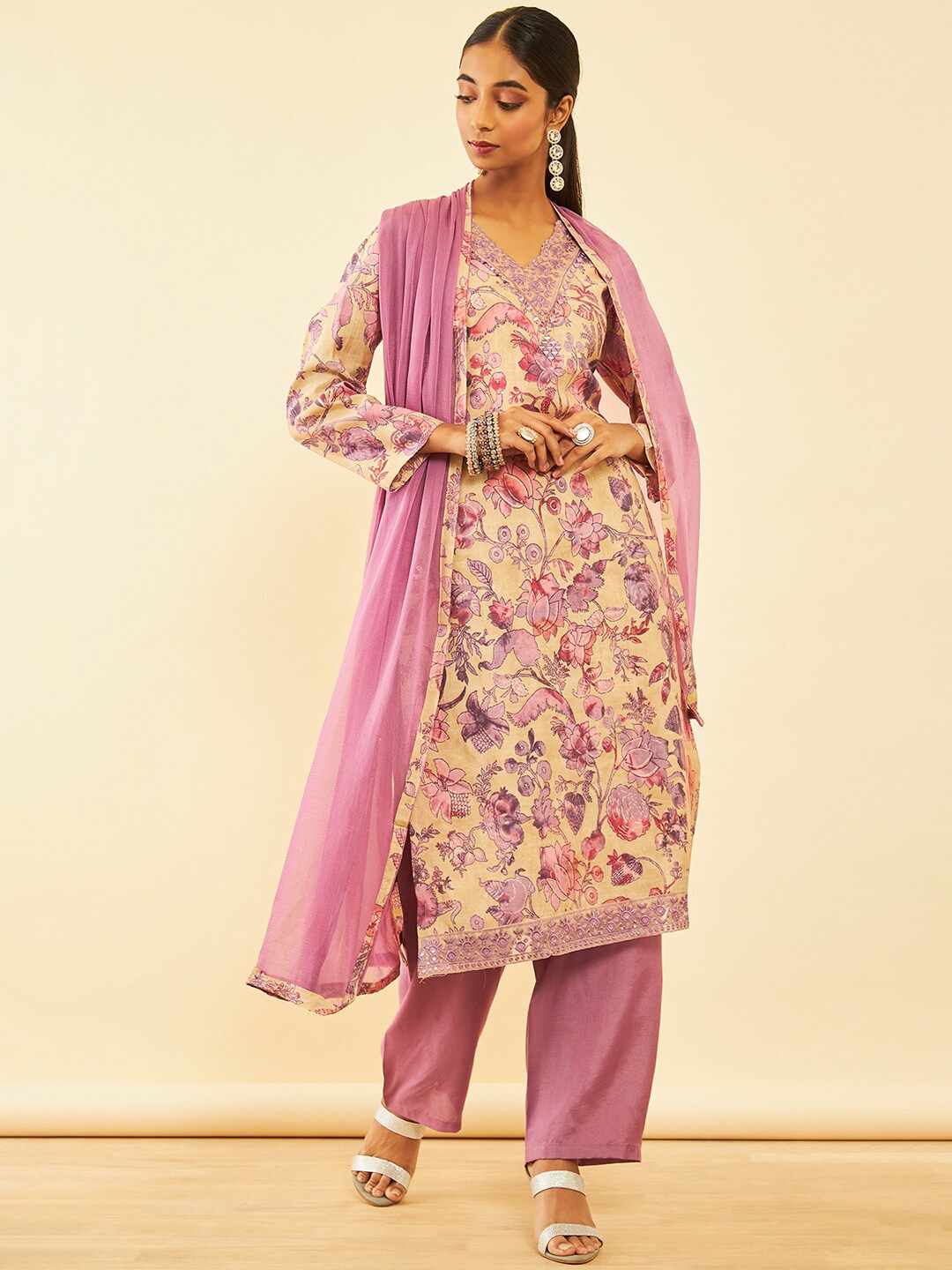 

Soch Floral Printed Mirror Work Unstitched Dress Material, Pink