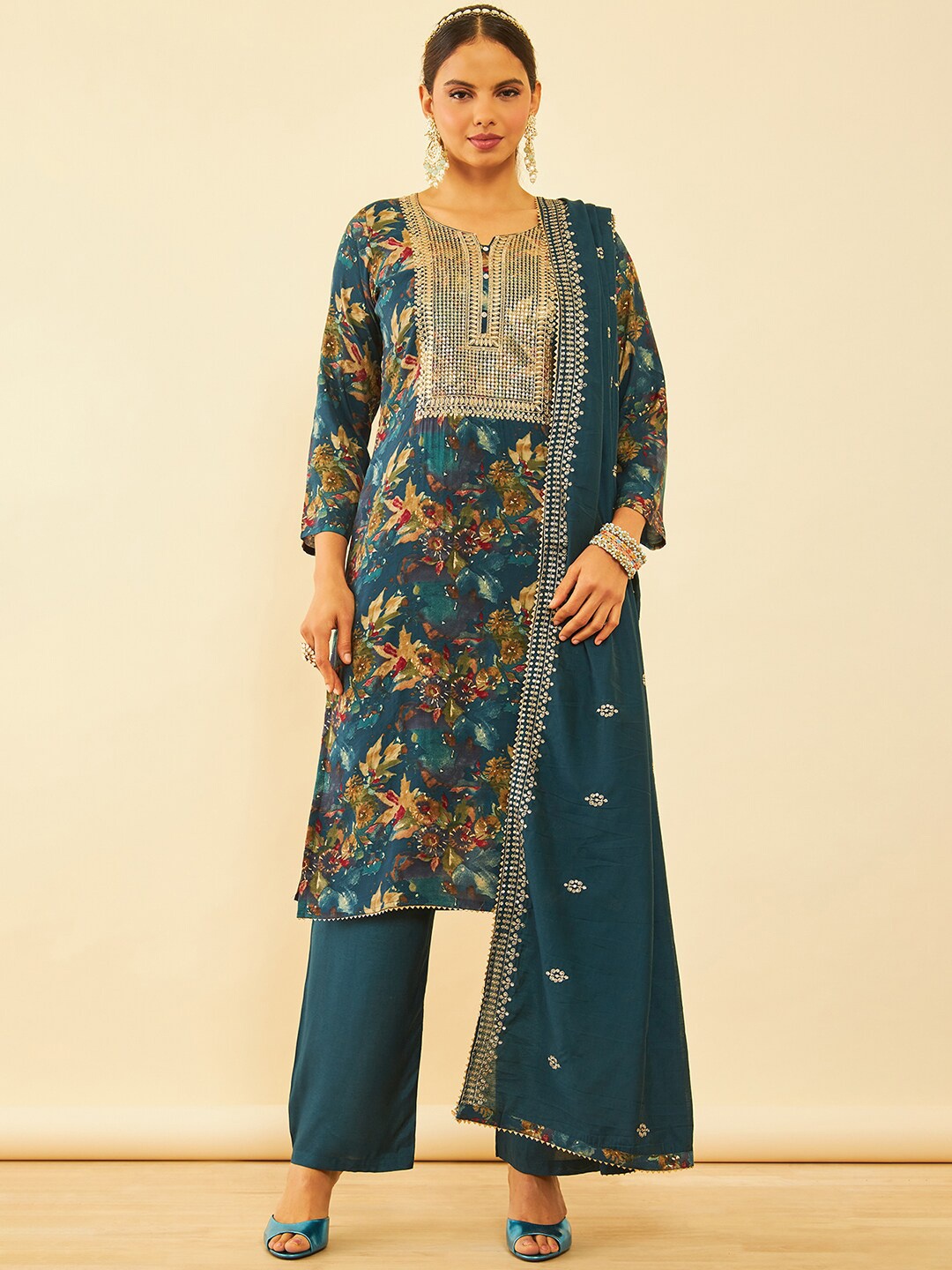 

Soch Floral Printed Sequined Unstitched Dress Material, Teal