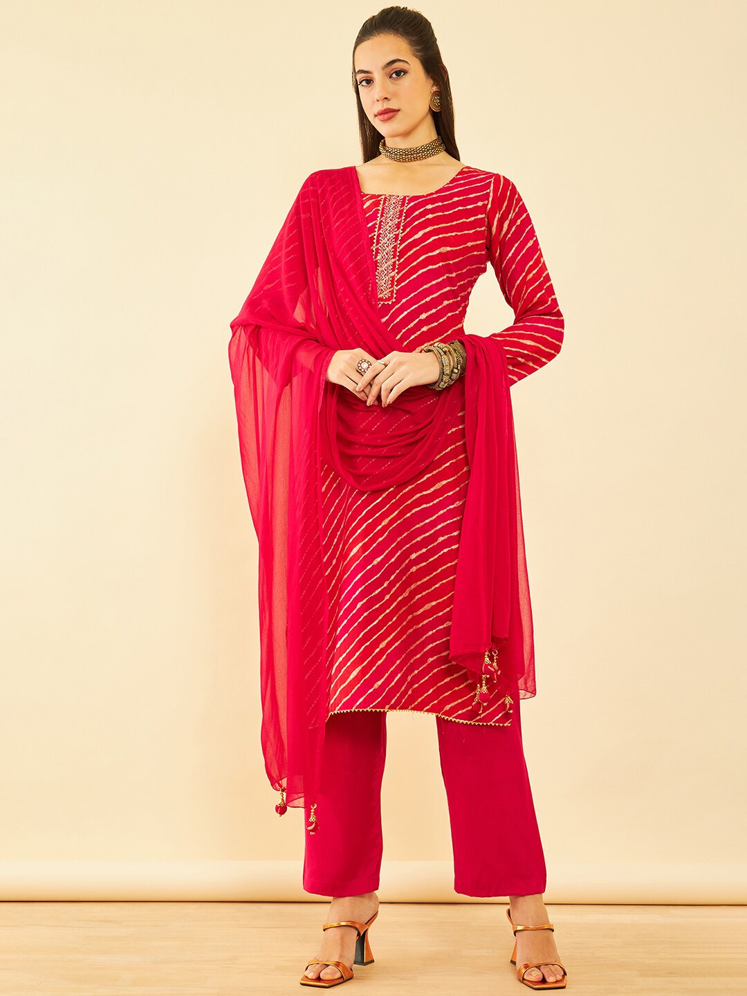 

Soch Leheriya Printed Sequined & Gotta Patti Unstitched Dress Material, Pink