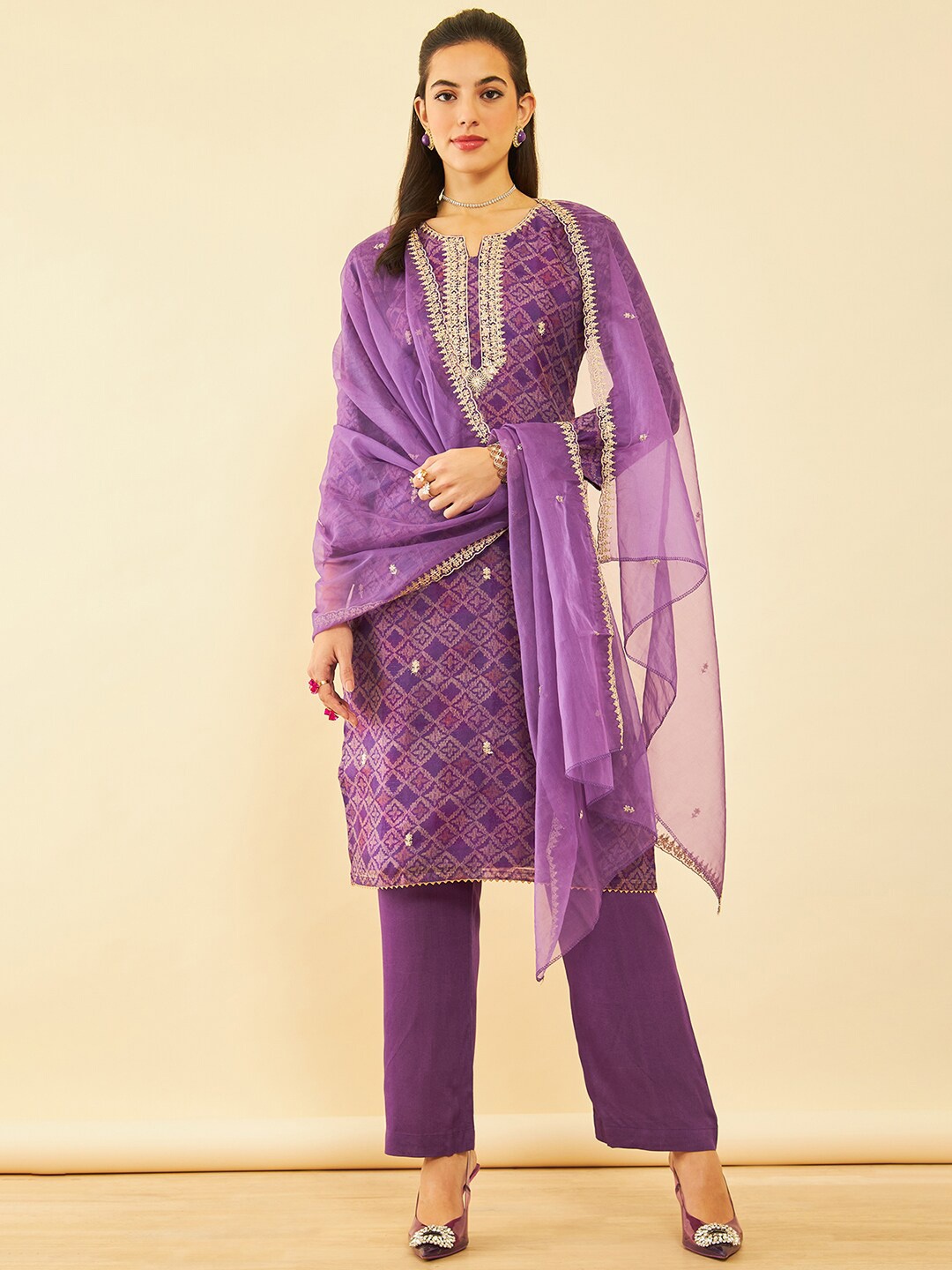 

Soch Floral Embroidered Sequined Organza Unstitched Dress Material, Purple