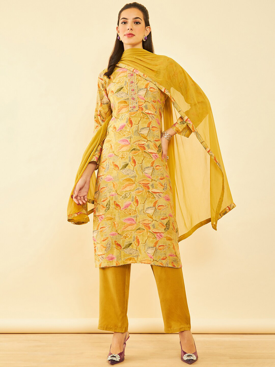 

Soch Floral Printed Sequined & Gotta Patti Unstitched Dress Material, Yellow