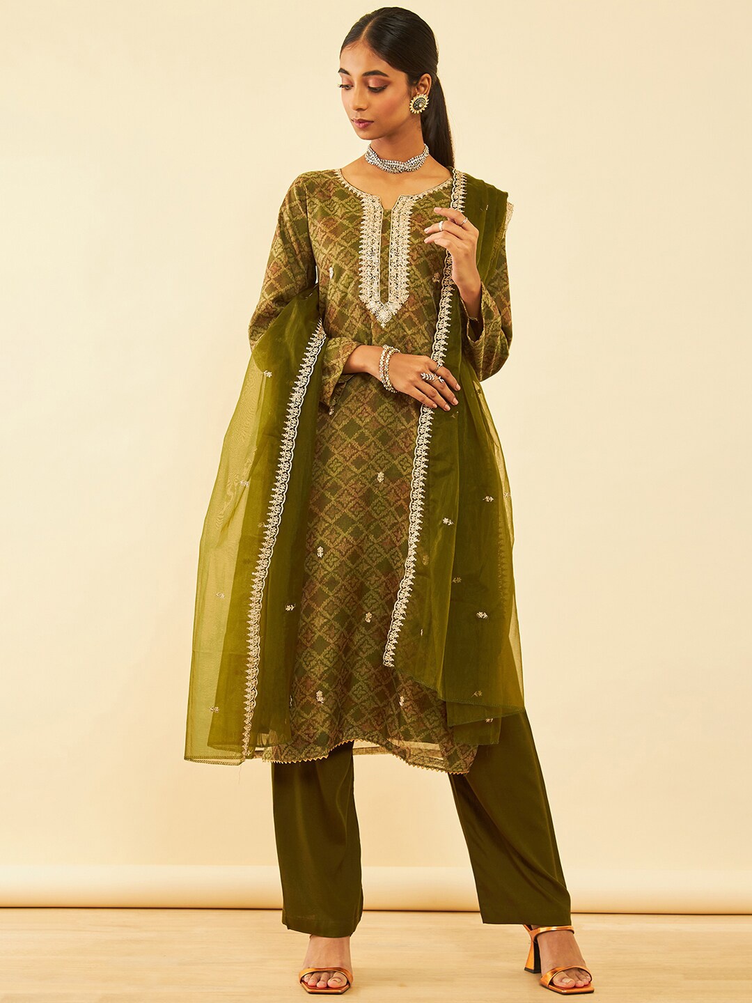 

Soch Ethnic Motifs Embroidered Sequined Organza Unstitched Dress Material, Olive