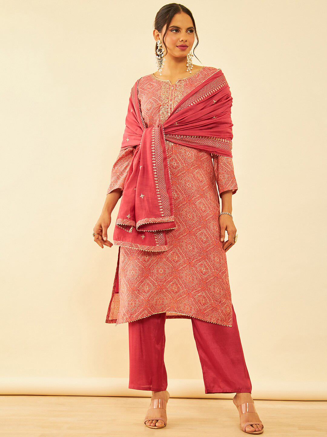

Soch Bandhani Printed Sequined & Gotta Patti Unstitched Dress Material, Peach