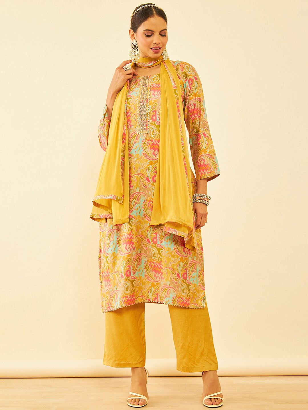 

Soch Paisley Printed Beads & Stones & Gotta Patti Pure Cotton Unstitched Dress Material, Yellow