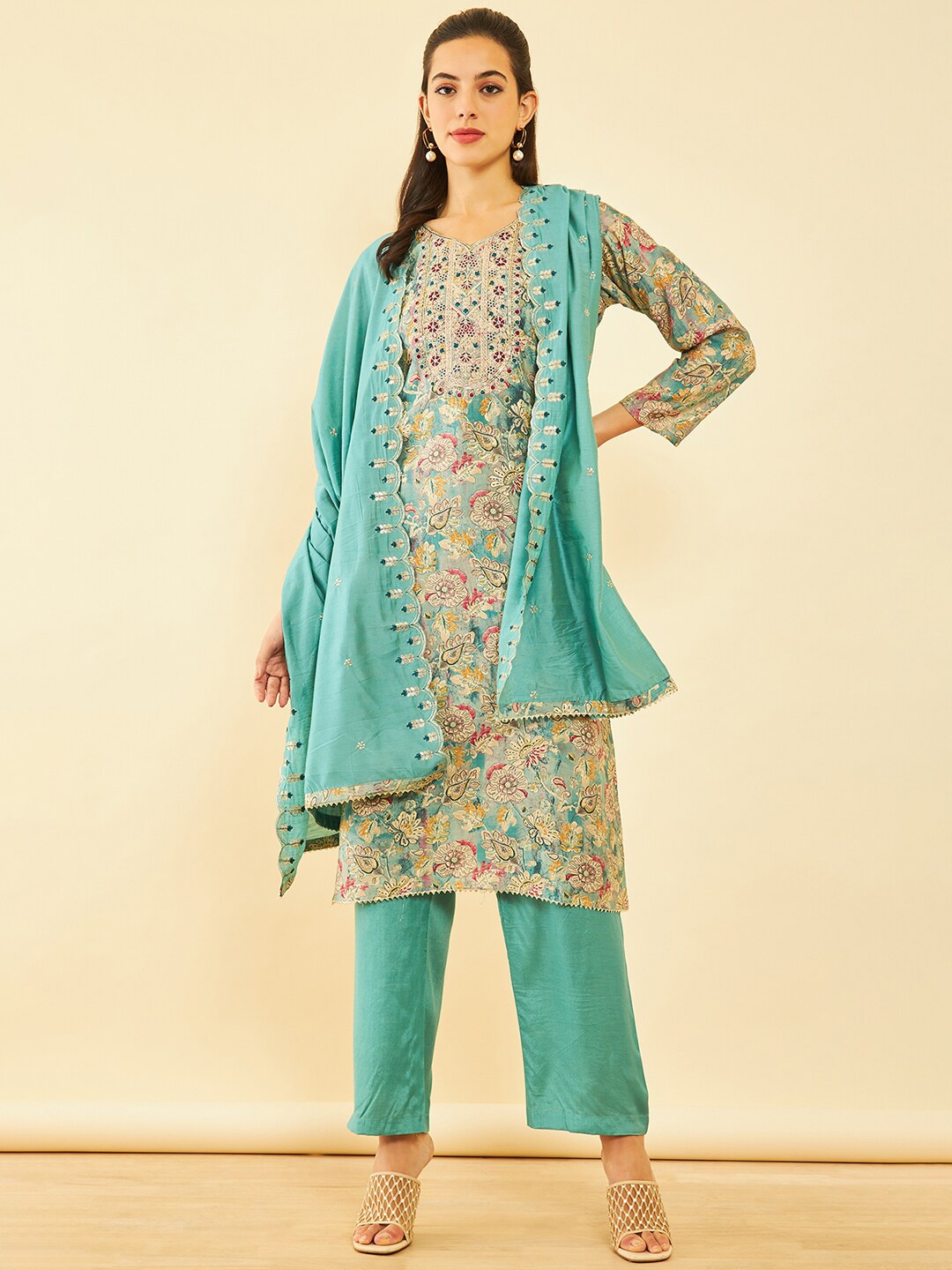 

Soch Floral Printed Sequined Unstitched Dress Material, Blue