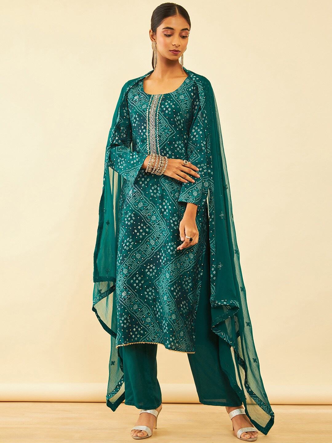 

Soch Bandhani Printed Unstitched Dress Material, Green